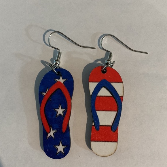 Independence Day Red White and Blue Flip Flop Double Sided Wooden Earrings - Picture 3 of 5